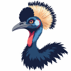 A Cassowary head profile. Vibrant blue and red neck skin. Black feathers. Hard edge vector coloring. No texture. White background