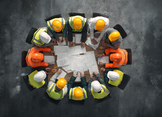 top view of workers in hard hats