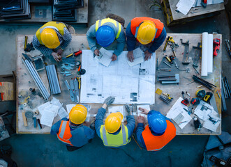 top view of workers in hard hats