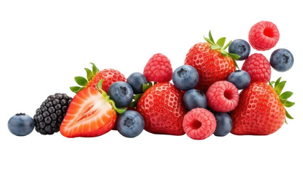 Isolated summer fruit arrangement of strawberries, raspberries, and blueberries. Colorful