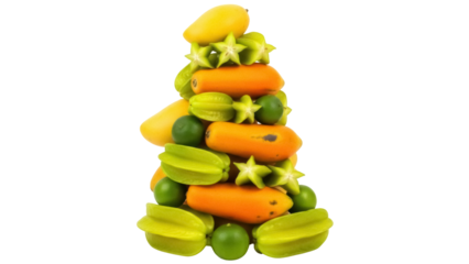 Isolated pyramid of tropical fruits mangoes papayas carambolas and limes stacked on top of each other