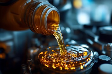 Golden engine oil pouring into a car engine