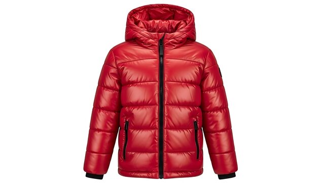 Red puffer jacket with hood and zipper