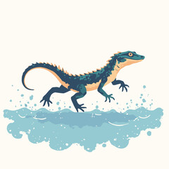Obraz premium A Basilisk Lizard running on water. The water is represented by three simple blue lines. Dynamic vector pose. White background