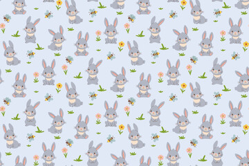 Hand-drawn vector illustration pattern featuring adorable gray bunnies and buzzing bees surrounded by colorful flowers and grass on a light background. Perfect for children s designs.