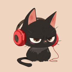 A black cat with a serious face. A fashionable, cute kitten with headphones. © Lamotiondesign