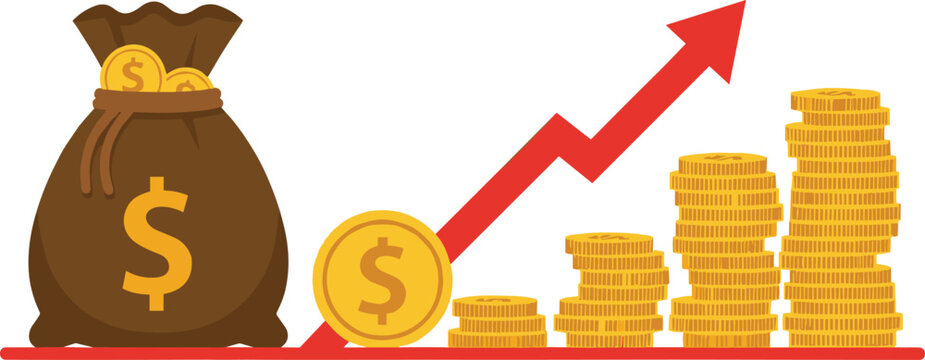 Financial growth and profit vector illustration with money bag, coin stacks, and upward arrow graph representing investment success, savings, and business income concept