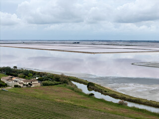 well-known sea salt mining site near Le Grau du Roi, Camargue, Provence, France, drone photo