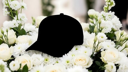 Baseball Cap Silhouette with White Flowers.