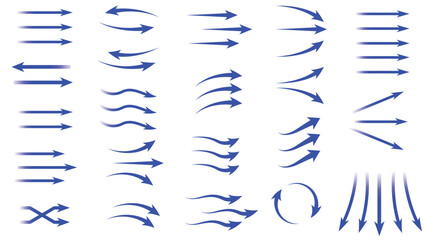 Collection of blue arrows in various shapes and directions on white background