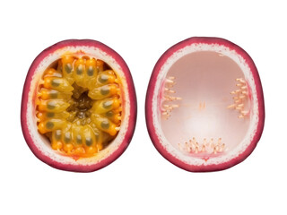 Isolated passionfruit halves close up macro view, tropical fruit with edible seeds for dessert