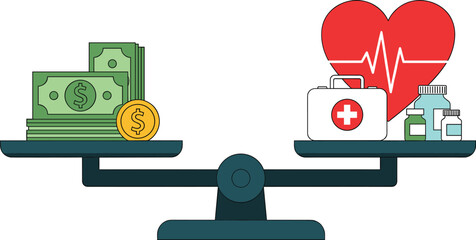 Healthcare cost versus money balance vector illustration showing medical expenses, health value, and financial tradeoff concept with scales and healthcare symbols