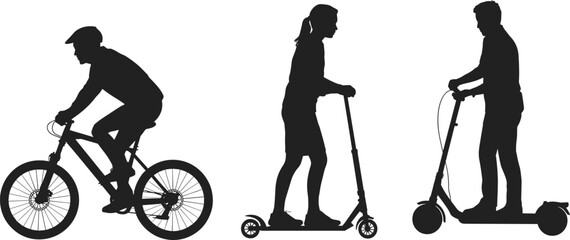 Urban mobility silhouette vector, bicycle, kick scooter, electric scooter riders, eco transport icons, personal commute illustration, black design, city travel concept