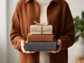 Person holding stacked gift boxes wrapped in neutral paper and tied with string, cozy autumn colors evoke warmth and comfort