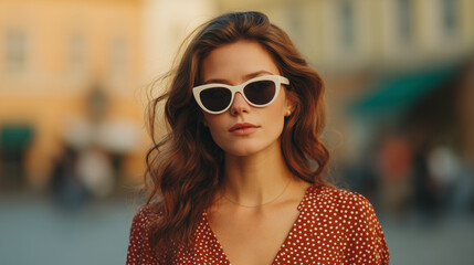 Young woman wearing white sunglasses and red polka dot dress posing outdoors with confident expression in soft sunlight