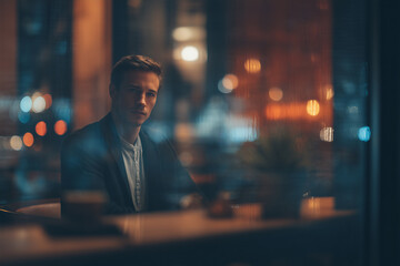 Young man sitting indoors at night with warm cinematic lighting and blurred background creating moody atmosphere