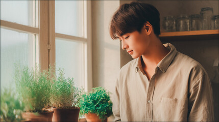 Young Asian man in beige shirt looking at green potted plants by soft window light, creating calm and creative atmosphere indoors
