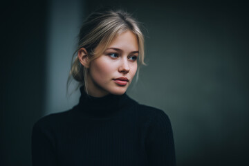 Young woman with blonde hair wearing black turtleneck sweater looking away with subtle lighting and soft expression