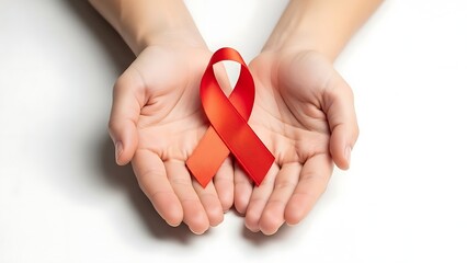Hands Holding Red Ribbon for Awareness.