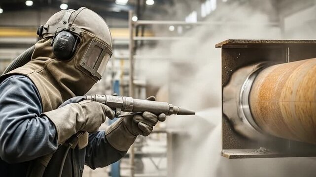 Industrial worker aiming sandblasting nozzle at rough surface maintenance.