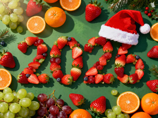 Festive 2026 fruit arrangement with Santa hat on green background. New Year celebration concept 
