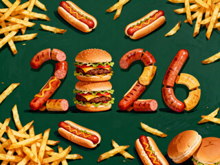 New Year 2026 formed by hot dogs, burgers and fries
