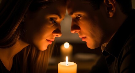 Couple faces close together in candlelight with soft glow love romance