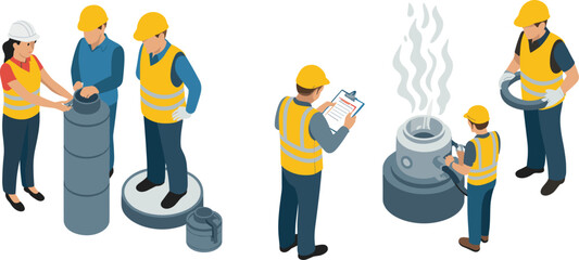 Isometric, industrial, workers, inspection, manufacturing, process, factory, equipment, teamwork, safety, helmets, quality, control, engineering, production, vector, illustration, workflow.