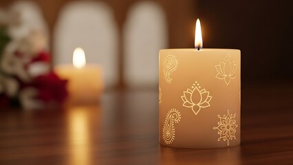 Lit Candle with Ornate Designs on Wood.