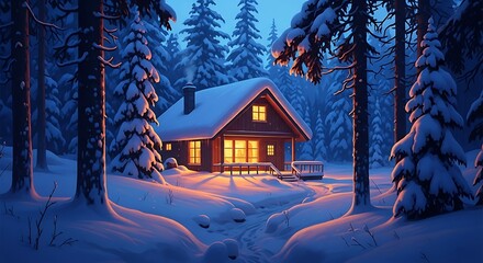 Cozy snow covered cabin in a dark winter forest at dusk trees