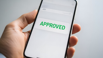 Hand holding smartphone with approved text on screen
