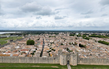 Drone photo of Old, historic city wall of Aigues Mortes, Camargue, Provence, France