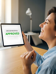 Woman rejoices at approved application on tablet