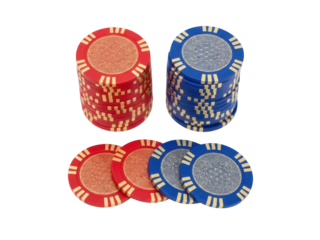 Isolated stacks of poker chips, red and blue with gold accents, for gambling, casino night