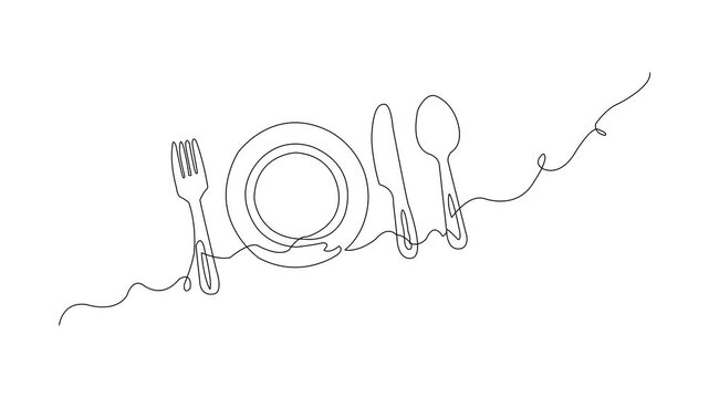 Continuous single line drawing animation revealing a minimalist table setting with fork, plate, knife, and spoon in stark black on a clean white background, perfect for modern culinary branding.