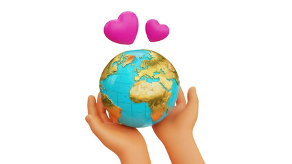 Isolated globe in cupped hands with heart symbols for love of travel and ecology, render