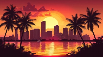 Tropical city sunset, waterfront view, calm water, palm trees, postcard