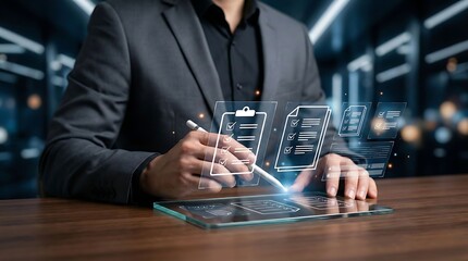 Manager reviewing digital workflow and document icons on a tablet. Concept of electronic records, data management, cloud storage, information flow, and administrative efficiency.
