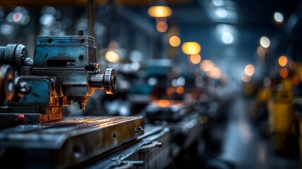 A close-up of a blue and metal machine dominates, blurred industrial background of more equipment and warm overhead lights