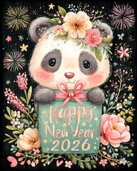 Charming panda celebrating New Year with flowers and fireworks.