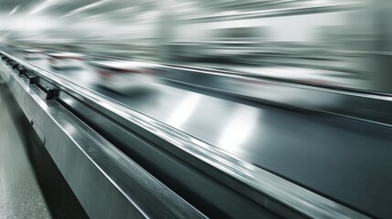 Blurry overhead shot of a long, metallic conveyor belt with speeding items, suggesting automation & production