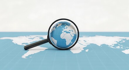 Globe on world map with magnifying glass examining Africa earth continents