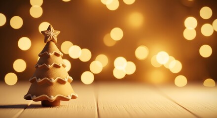 Gingerbread Christmas tree cookie with star on white wooden surface and bokeh lights decoration