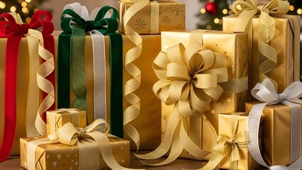 Beautifully wrapped christmas presents with colorful ribbons and bows on a table with a festive background