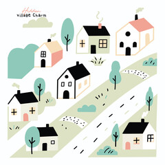 Obraz premium Charming Village Scene with Pastel Houses and Green Hills 