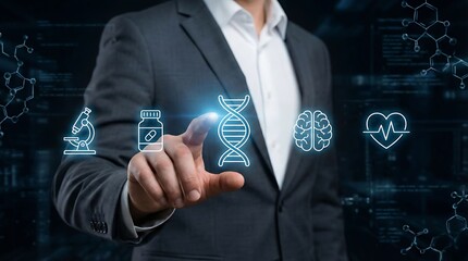 Businessman examining digital DNA and brain interface. Concept of biotechnology, medical research, healthcare innovation, genetics, and scientific discovery.
