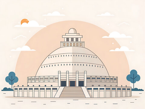 Sanchi Stupa minimalist form, clean vector curves,