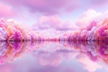 Ethereal Reflections: A breathtaking landscape where vibrant clouds of pink and lavender hues mirror on tranquil waters, evoking serenity and dreamlike imagery. 