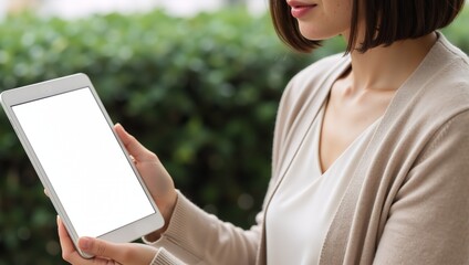 Fototapeta premium a close-up of a woman holding a tablet with a blank white screen against a backdrop of green bushes. A mockup for your content or app.