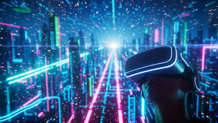 Exploring the breathtaking neon metaverse through an advanced virtual reality headset